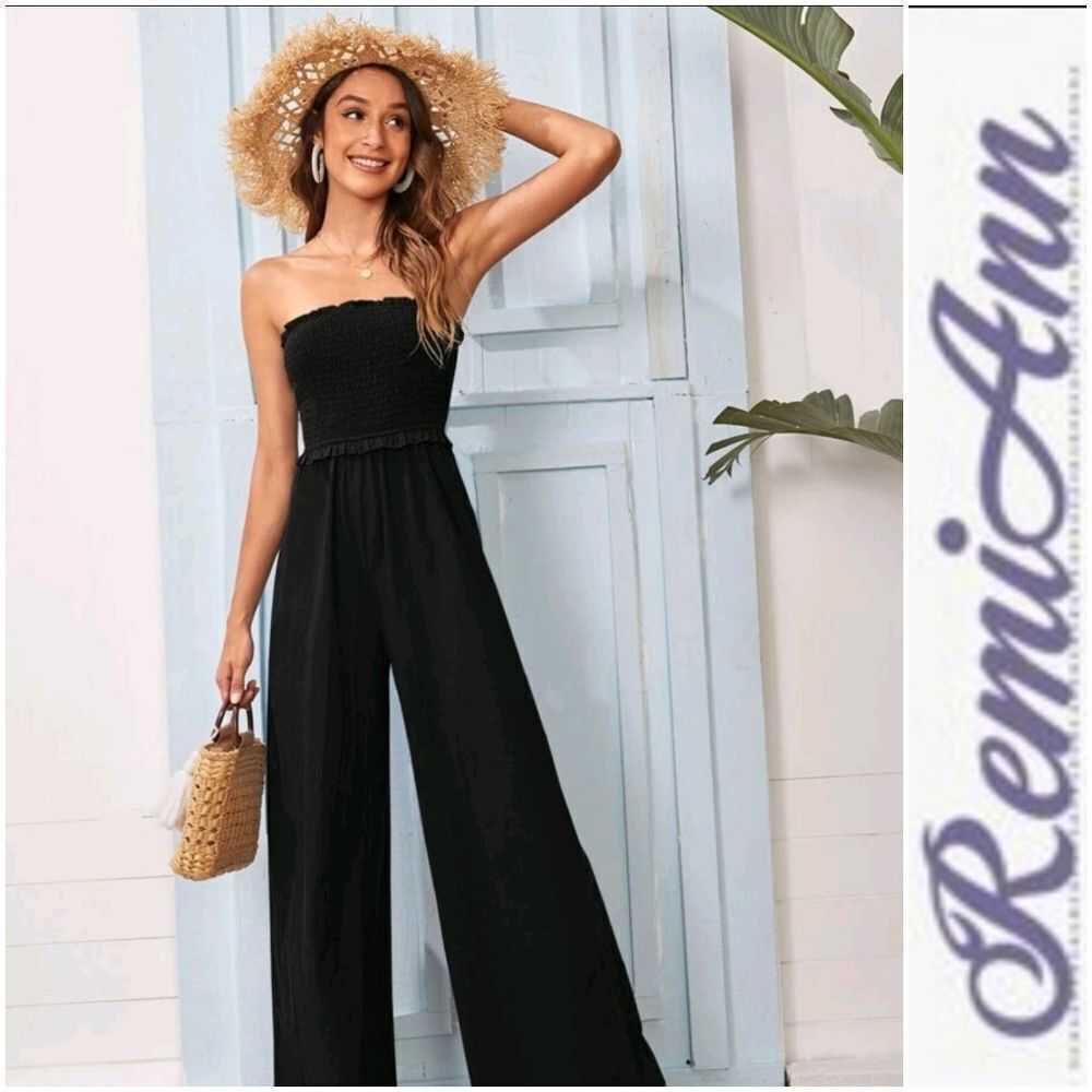 Frill Trim Shirred Bodice Tube Jumpsuit